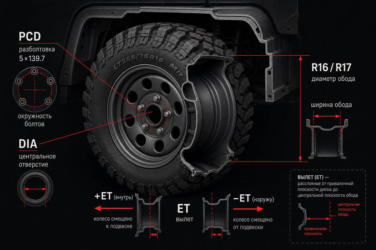 Схема маркировки диска: PCD, вылет ET, центральное отверстие DIA — Custom's Tuning, Тюмень