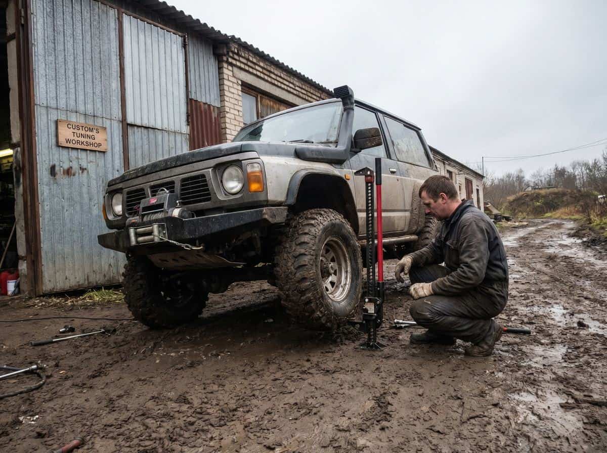 Реечный домкрат Hi-Lift у рамы внедорожника на грунте - Custom's Tuning, Тюмень