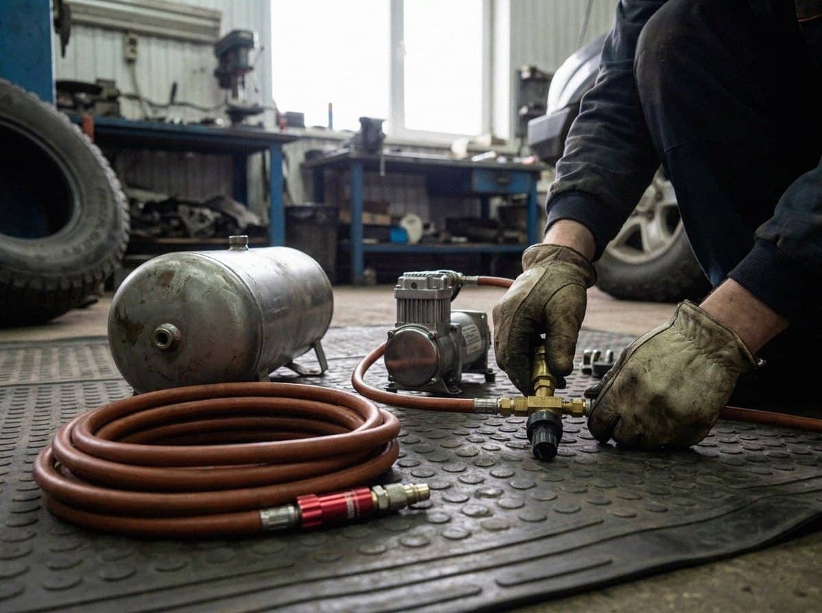 Цепочка пневмосистемы: компрессор, ресивер, датчик и шланг на коврике — Custom's Tuning, Тюмень