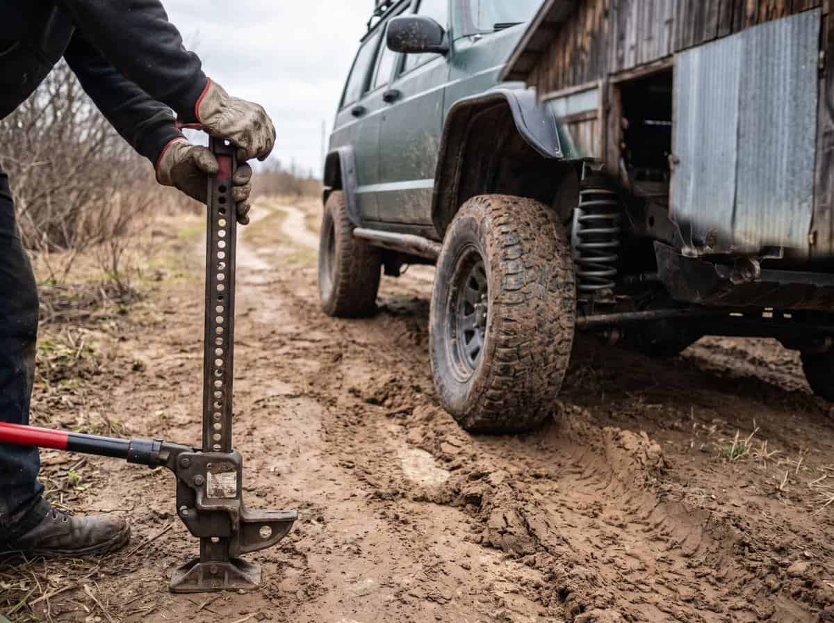 Реечный домкрат Hi-Lift у рамы внедорожника на грунте - Custom's Tuning, Тюмень