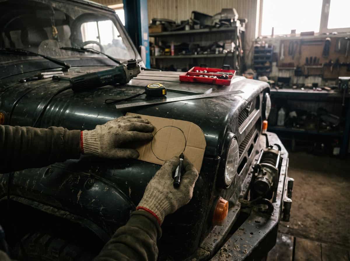 Разметка точки врезки шноркеля на крыле УАЗ по шаблону в мастерской — Custom's Tuning, Тюмень
