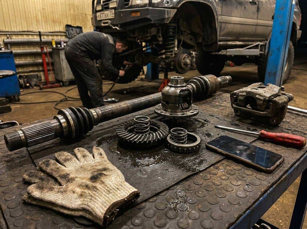 Детали блокировки дифференциала и шлицы полуоси на столе мастерской — Custom's Tuning, Тюмень