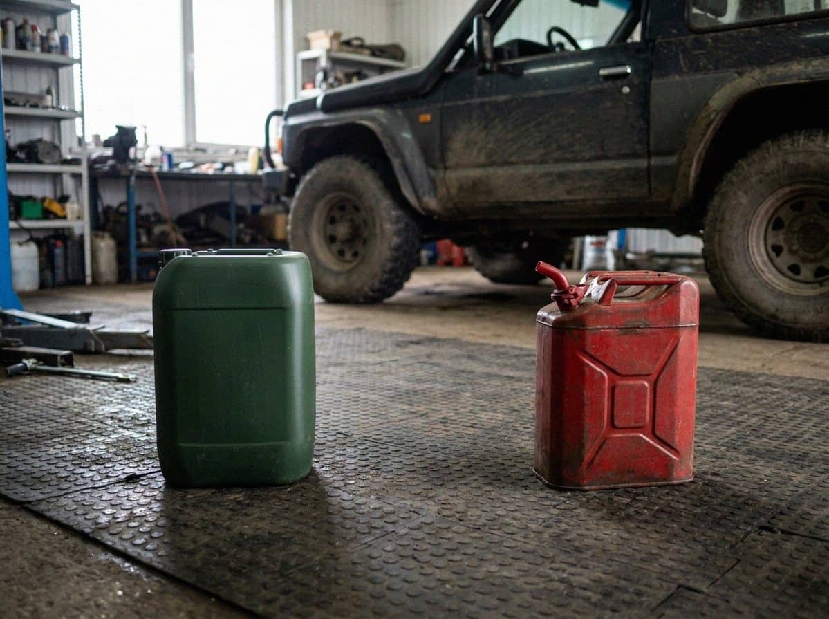 Зелёный контейнер для воды и красная топливная канистра в мастерской — Custom's Tuning, Тюмень