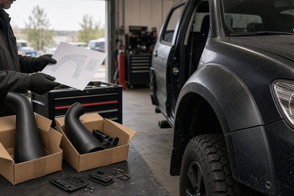 Два комплекта шноркелей у крыла пикапа в мастерской — Custom's Tuning, Тюмень