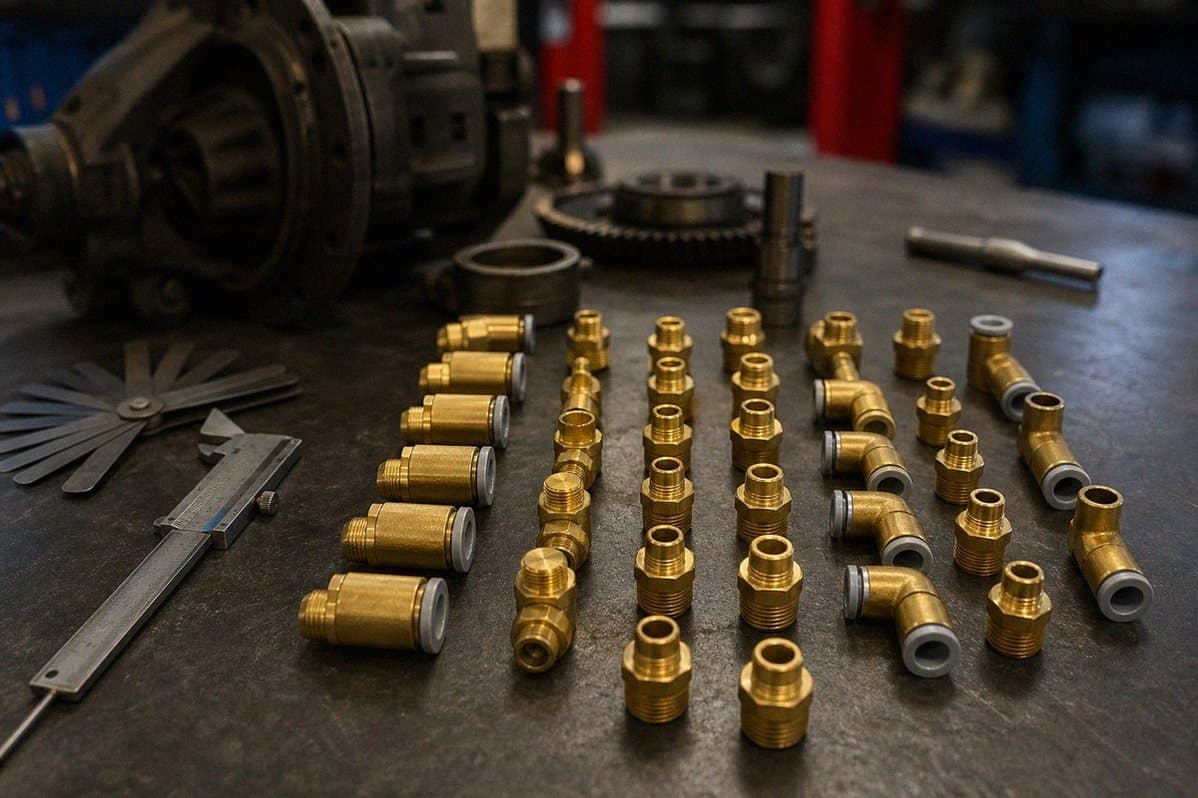 Латунные фитинги, цанги Camozzi 6 мм и штуцеры 1/4 NPT на верстаке мастерской — Custom's Tuning, Тюмень